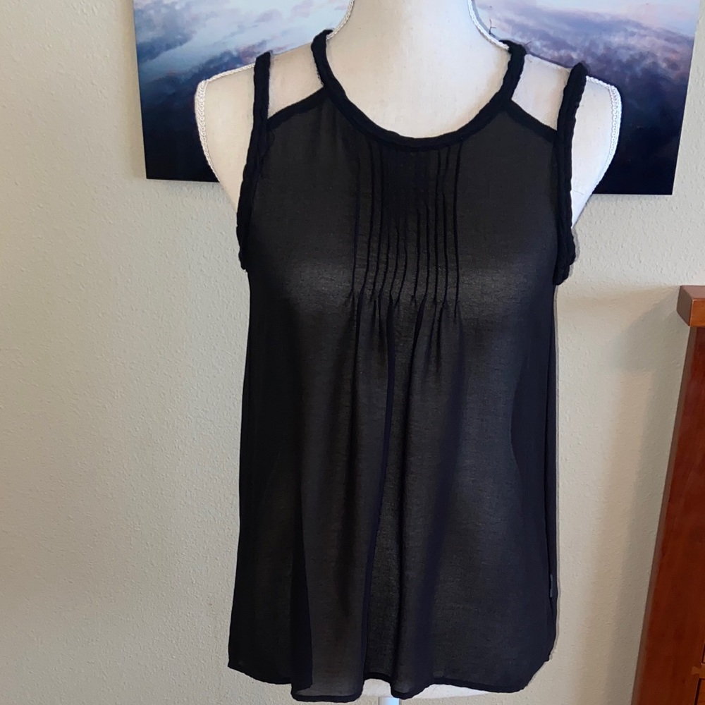 Monteau Black Sheer Pintuck Tank Top Blouse Lace Braided Trim Tuxedo Pleats